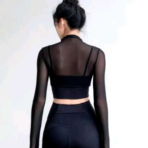 Chic Black Mesh Mock Neck Crop Top