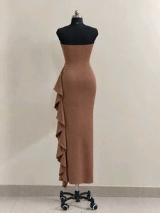 Brown Strapless Ruffle Dress