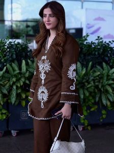 Brown Co-ord Set with White Embroidery