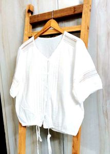 White Lace Trim V-Neck Blouse Size-38