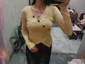 Yellow Ribbed Cropped Cardigan Body Top