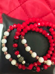 Vibrant Red crystal, white pearl Bracelet Set