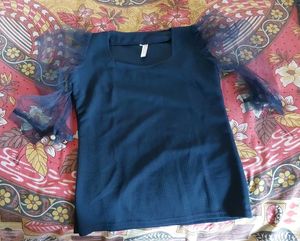 Navy Blue Mesh Sleeve Top