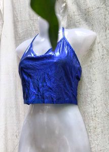 I. Shiny Blue Halter Neck Crop Top