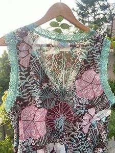 Sheer Floral Lace Trim V-Neck Top