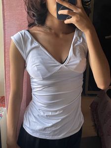 Chic White Ruched V-Neck Top