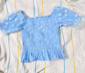 cute Daisy Smocked Top with Mesh Sleeves