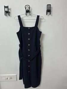 Navy Button-Up Midi Dress with Belt