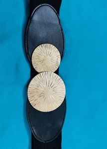 Fashionable Black Elastic Belt with Gold Buckle