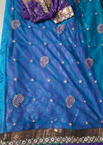 Purple+ Navy Blue  Brocade Sari With Blouse