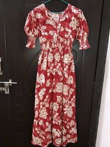 Red Floral Maxi Dress with Puff Sleeves
