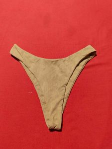 Beige Ribbed High-Cut Thong – Size S