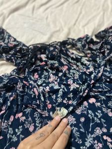 Off Shoulder Floral Print Navy Blue Top