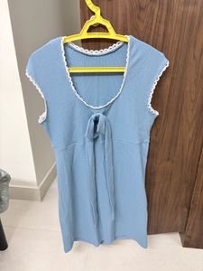 Light Blue Textured Dress with Lace Trim