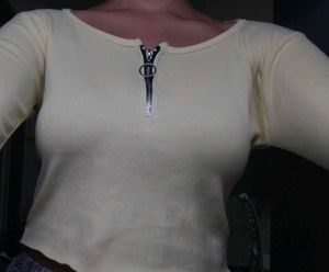 lemon yellow Ribbed Zip Neck Top
