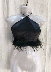 Satin Halter Top with Feather Trim