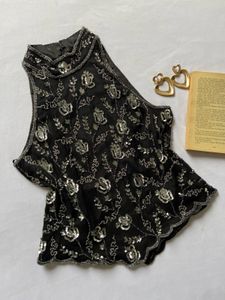 Sparkling Black Embellished Sleeveless Top