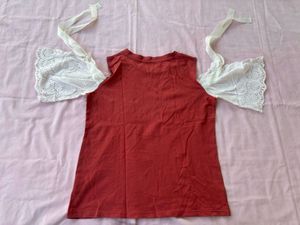 Rust Red Top with Eyelet Lace Sleeves
