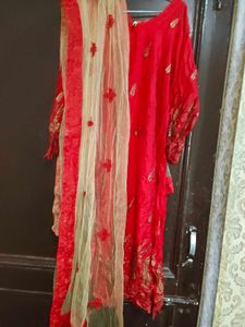 Red  Beige Embroidered Kurtas 2 and lower dupata