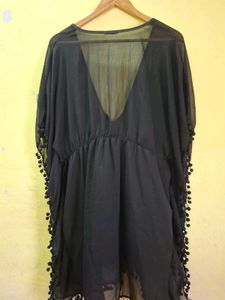 Sheer Black Cover-up kaftan with Pom-Poms
