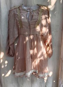 391110. Bohemian Pink Lace Trim Mini Dress