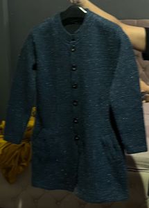 Shimmer Blue Trench Coat Woollen
