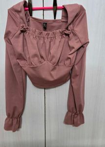 muted rose Pink Ruched Sleeve "crop"Top