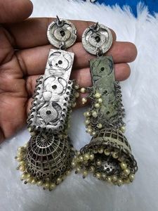 Oxidized Silver Jhumka Earrings