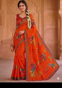 Vibrant Orange Saree with Colorful Motifs