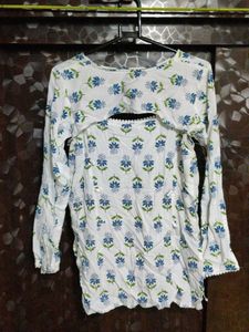 White Floral Print Kurta with Cutout