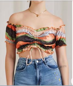 Colorful Off-Shoulder Ruched Crop Top