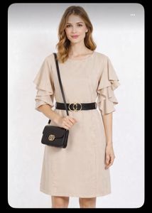 Chic Beige Ruffle Sleeve Dress