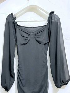 Chic Black Ruched Sheer Sleeve Dress