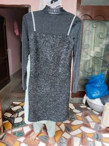 Ribbed Knit Lined Knee-Length Sweater Dress