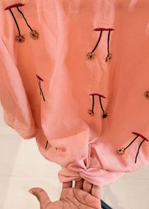 Peach Knot-Front Top with Minimal Embroidery