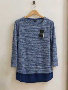 Women's Blue Marled Knit Top with Layered Hem