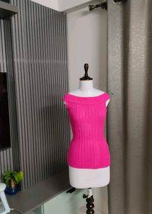 Off Shoulder Hot Pink Ribbed Top
