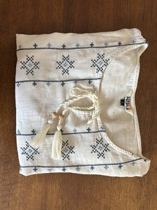 Off White Blue Embroidered Top Clinched At Waist
