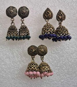 Set of 3 Oxidized Jhumka Earrings