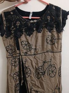 Brown Kurta with Black Lace & Bicycle Print