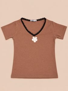 Brown V-Neck Lace Trim T-Shirt