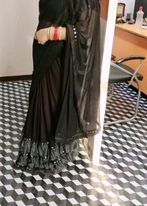 Black Frill Transparent Saree Very Beautiful With Blouse