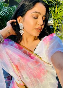 Pink &amp; White Floral Organza Saree 💕
