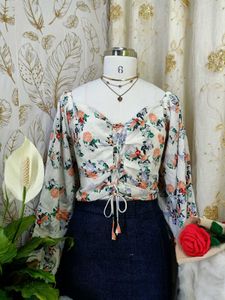 Chic Floral Print Lace-Up Blouse