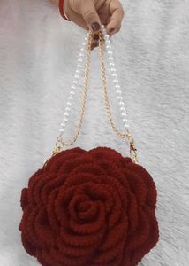 Crochet Rose Design Sling Bag with Pearl