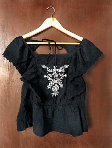 Chic Black Embroidered Peplum Top