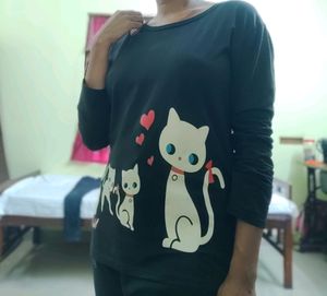 Black Kitty Printed Full Sleeve T-shirt Top