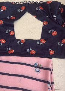 Satin  Pink Striped Saree with Floral Blous