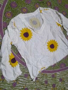 White Sunflower Print Top