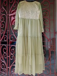 Olive Green Woven work Long Sleeves Gown
